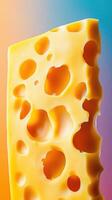 Close-up view of a piece of cheese with holes against a colorful gradient background during daylight photo