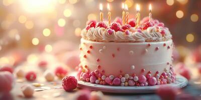 Beautifully decorated cake with candles and berries captures the festive spirit of a celebration photo