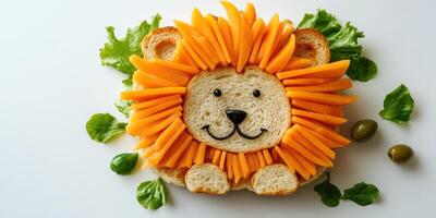 Creative lion sandwich made with bread, fruit, and vegetables in a playful arrangement for a children's snack photo