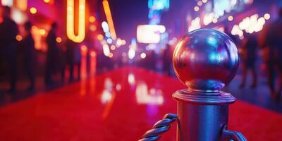 Red carpet event takes place at night with vibrant lights and crowd atmosphere photo
