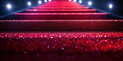 Red carpet lined with lights creates an elegant atmosphere for an award ceremony event at night photo