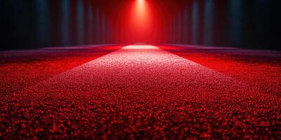 Red illuminated pathway with spotlight effect inside an indoor venue at night photo
