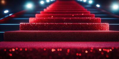 Glittering red carpet leading to a spotlighted stage in a modern venue at night photo