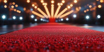 Elegant red carpet leading to a dazzling stage adorned with bright lights at a glamorous event venue photo