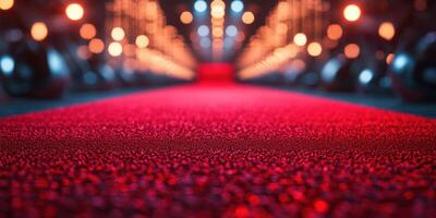 Elegant red carpet leading towards a bright lighted venue filled with decorative bokeh at a glamorous event photo