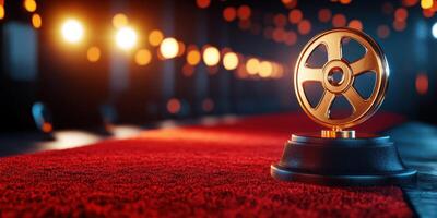 Golden film reel trophy on red carpet with soft lighting in award ceremony venue at night photo