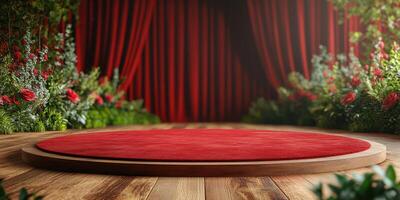 Elegant stage set with red carpet and floral decorations in a theater photo