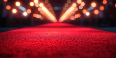 Elegant red carpet leading towards soft glowing lights at an event venue during evening hours photo