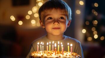 boy makes a wish and blows out the candles on his birthday photo