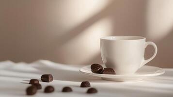 morning mug of hot coffee with sweets on the table in light colors photo