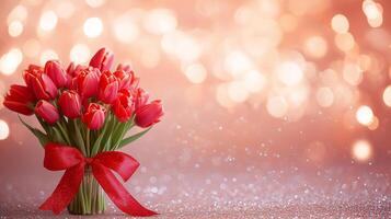 red bouquet of tulips with a bow of red ribbon in a glass vase on a background with sparkles photo