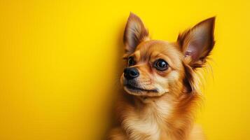 small smiling spitz dog on a yellow free background, fluffy and soft dog photo