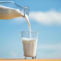 there is a glass on the table against the background of a blue sky with blur, fresh milk with foam is poured into it from a glass bottle photo