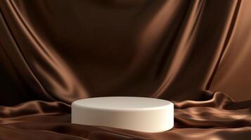 Round plinth made of natural white stone on a brown Mocha Mousse background with fabric accent. Ideal for displaying products with a calm aesthetic. photo platform
