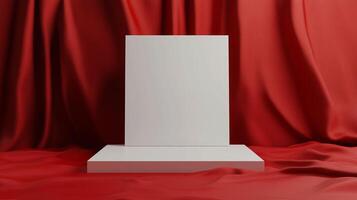 square pedestal made of natural white stone on a red velvet background with a fabric accent. Ideal for displaying products with a calm aesthetic. photo platform