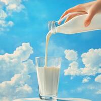 a glass stands on the table against the background of a blue sky with clouds, fresh milk is poured into it from a glass bottle photo