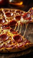 Delicious pepperoni pizza served on a wooden board with gooey cheese stretching and warm colors enhancing the appetizing look photo