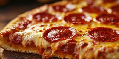 Delicious pepperoni pizza slice served on wooden board with melted cheese and crispy crust in a cozy pizzeria photo
