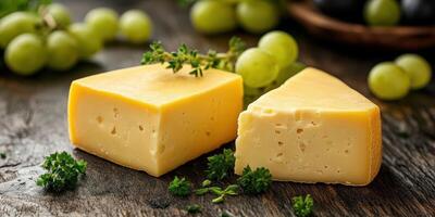 Delicious cheese blocks displayed on a rustic wooden surface with fresh green grapes and herbs photo