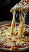 Freshly baked cheese pizza with gooey mozzarella stretching from the slice in a warm setting photo