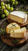 Various types of cheese displayed with fresh grapes and herbs on wooden boards in a rustic setting photo