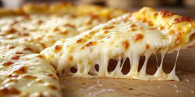 Delicious cheese pizza being pulled from a freshly baked pie on a wooden surface photo