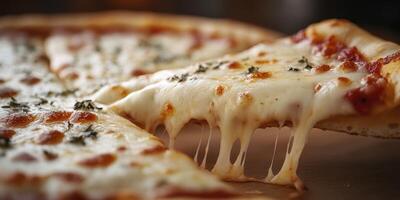 Enjoying a delicious slice of cheesy pizza with melted mozzarella and fresh herbs at a cozy restaurant photo