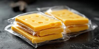 Slices of packaged cheddar cheese stacked on a dark surface ready for use in meals or snacking photo