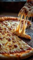 Delicious cheese pizza with a golden crust pulled apart showcasing gooey melted cheese photo