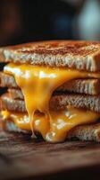Melted cheese drips from stacked toasted sandwiches in a cozy kitchen setting photo