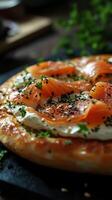 Savory dish featuring fresh smoked salmon on a crispy base topped with herbs in a rustic kitchen setting photo