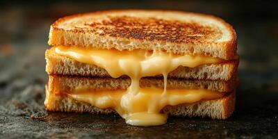 Delicious melted cheese sandwich stacked on toasted bread served on a rustic wooden surface photo
