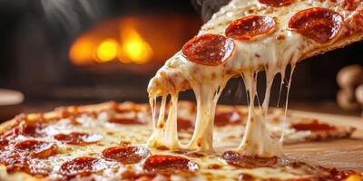 Perfectly cooked pepperoni pizza being pulled from a wooden board with melted cheese photo