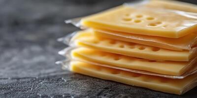 Slices of yellow cheese packaged neatly on a gray surface ready for culinary uses or snacks photo