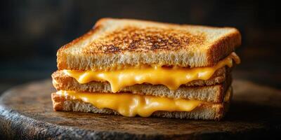 Deliciously toasted three-layer grilled cheese sandwich with melty cheddar cheese served on a wooden board in a cozy setting photo