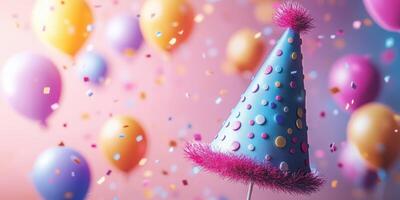 Colorful party hat with balloons and confetti creates a festive atmosphere for celebration photo
