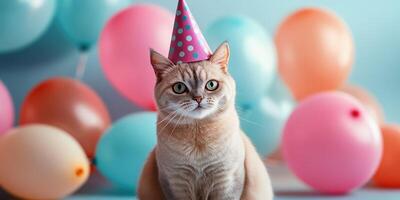 Cat celebrates birthday with colorful balloons and festive hat in a cheerful atmosphere photo