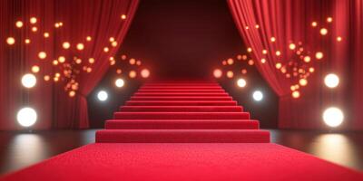 Red carpet leading to a dramatic stage illuminated with lights in a festive atmosphere photo