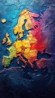 Colorful 3D map of Europe highlighting geographical features and regions crafted with textured artistic design photo