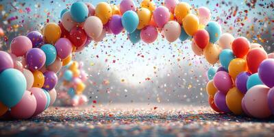 Colorful balloon arch adorned with confetti creating a festive atmosphere for a celebration or event photo