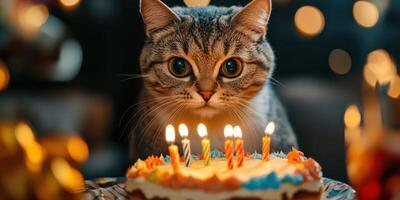 Cat celebrates birthday with a cake and candles in a festive atmosphere surrounded by soft lights photo