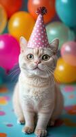 Cat celebrating a birthday with colorful balloons and a party hat in a lively atmosphere photo