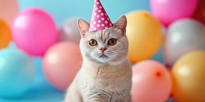 Cute cat in a party hat surrounded by colorful balloons at a festive celebration indoors photo