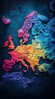 Vibrant artistic map of Europe showcasing diverse regions in bold colors and artistic texture photo