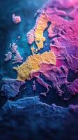 Colorful 3D representation of Europe showcasing geographic features and topography with vibrant hues and textures photo
