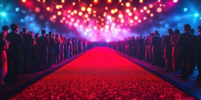 Event attendees gather around a vibrant runway illuminated by colorful lights during a gala night in a spacious venue photo
