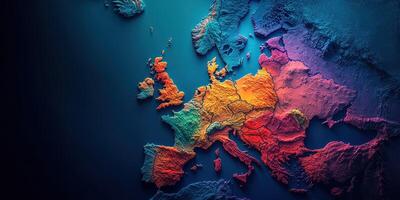 Colorful topographic map of Europe highlighting geographical features and boundaries in a creative design photo