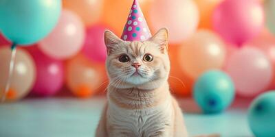 Cat celebrating with a party hat amidst colorful balloons in a festive setting photo