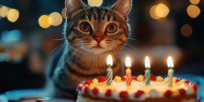 Cute cat celebrates birthday with colorful cake and candles during a cozy indoor gathering at night photo