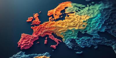 Detailed topographic map of Europe showcasing terrain variations and vibrant colors in a horizontal layout photo